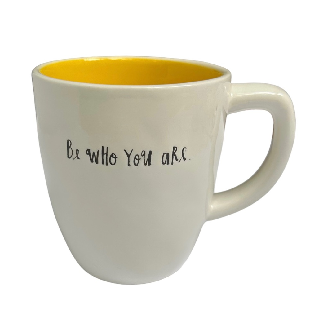 Rae Dunn Be WHo YoU aRe Mug Coffee Tea White with Yellow Interior Dimples 2017